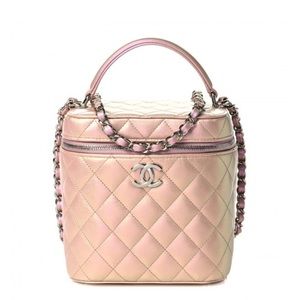 CHANEL Iridescent Calfskin Quilted Small Top Handle Vanity Case W/Chain Pink NWT
